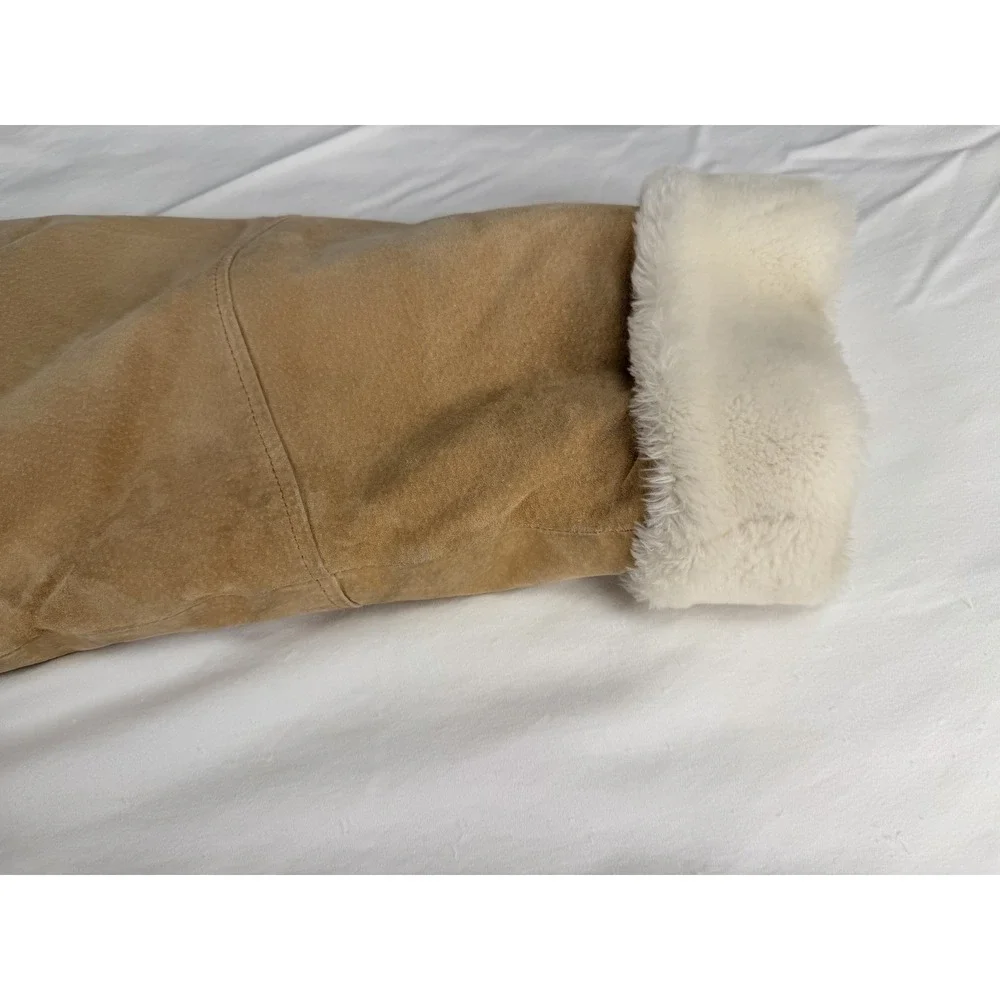 Vintage Marvin Richards Shearling Suede Leather Hooded Coat Womens L Tan